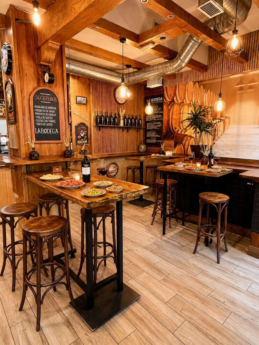Interior de La Bodega Bernabéu: barra de madera, mesas altas y taburetes