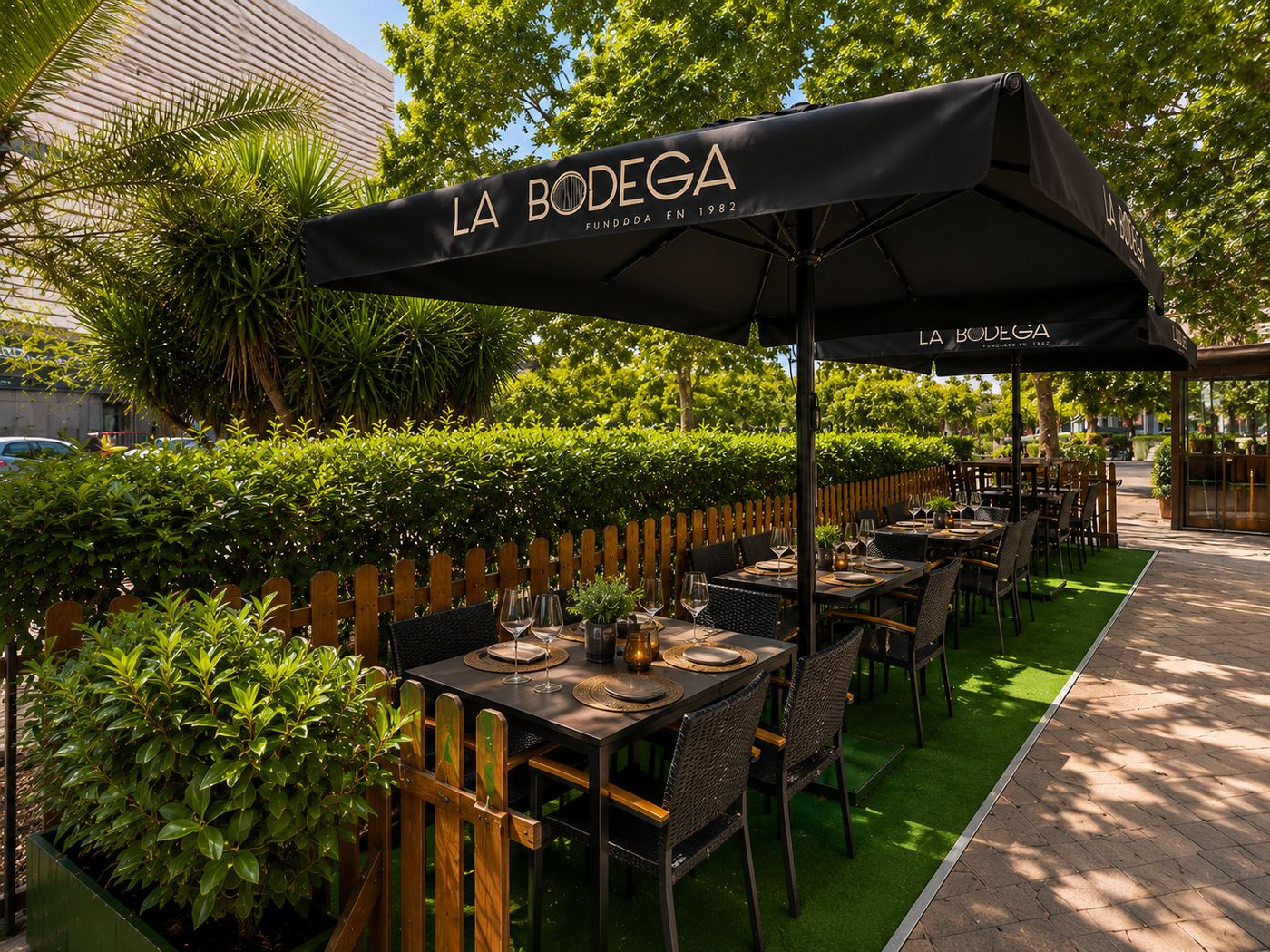 Terraza exterior con sombrillas de La Bodega y setos